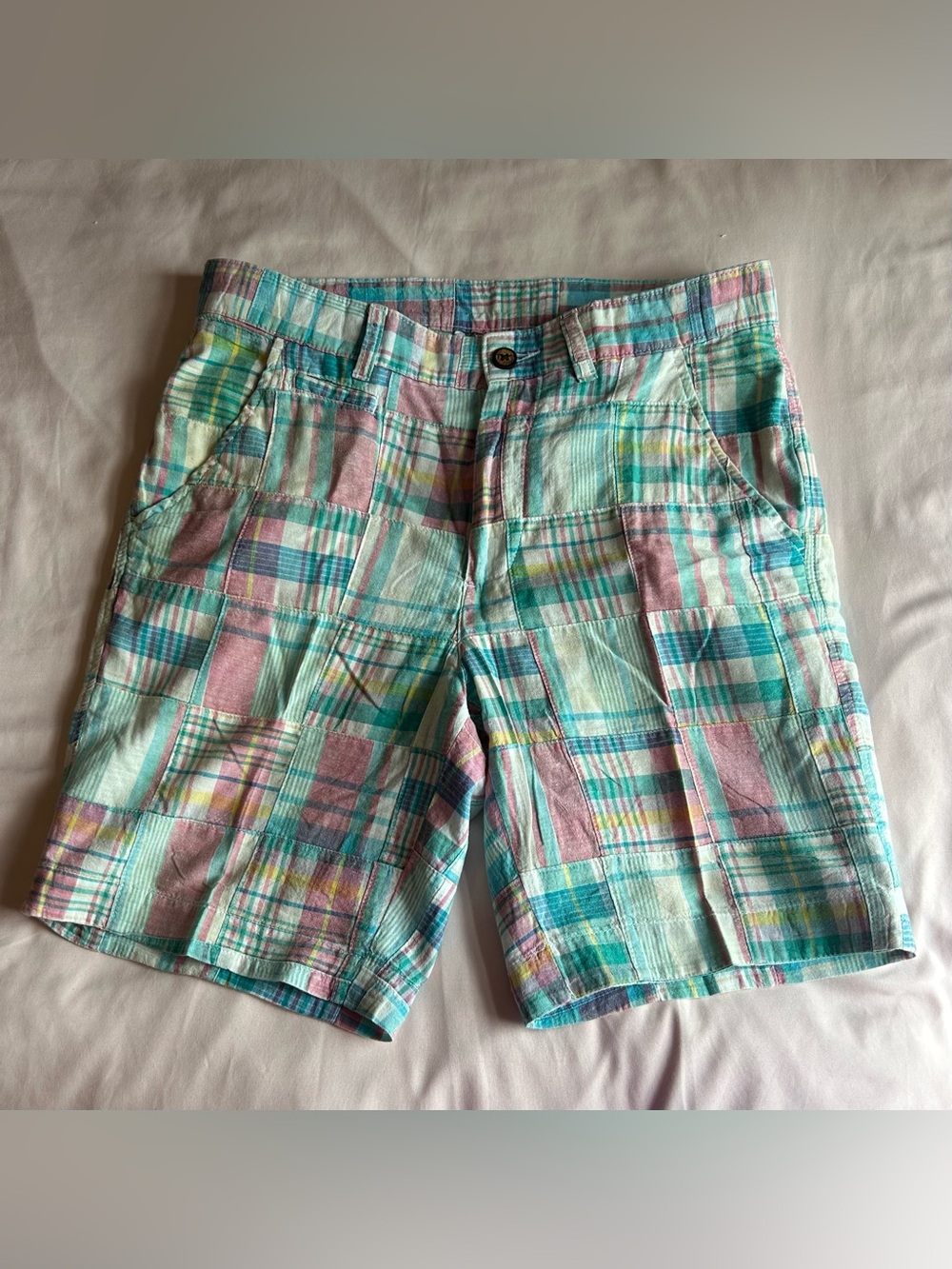 Charleston Threads Pastel Patchwork Madras Chino Shorts – Size 32